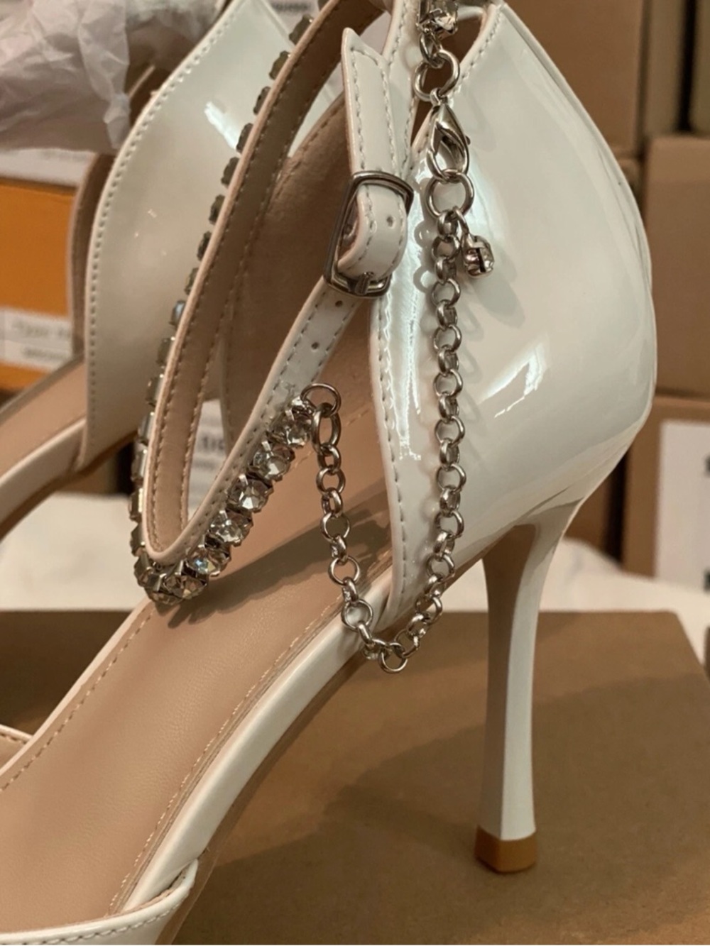 Women’s Bone/Ivory Pointed Toe Ankle Strap Heels with Rhinestones 
Size 8.5 NIB - Picture 6 of 11